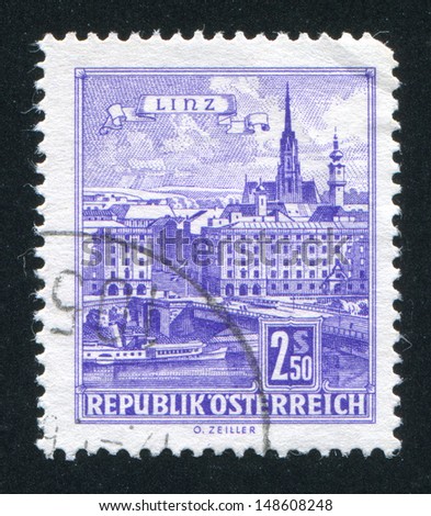 AUSTRIA - CIRCA 1957: stamp printed by Austria, shows Danube Bridge, Linz, circa 1957