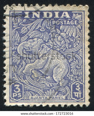 INDIA - CIRCA 1948: stamp printed by India, shows Ajanta Panel, elephant, circa 1948