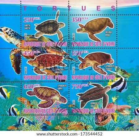 IVORY COAST - CIRCA 2011: stamp printed by Ivory Coast, shows sea turtle, circa 2011