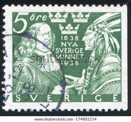 SWEDEN - CIRCA 1938: stamp printed by Sweden, shows Johann Printz and Indian Chief, circa 1938