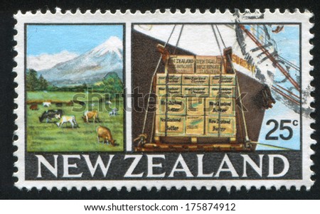NEW ZEALAND - CIRCA 1968: stamp printed by New Zealand, shows dairy farm, dairy product in box, circa 1968