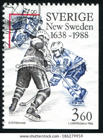 SWEDEN - CIRCA 1988: stamp printed by Sweden, shows Swedish player in National Hockey League, circa 1988