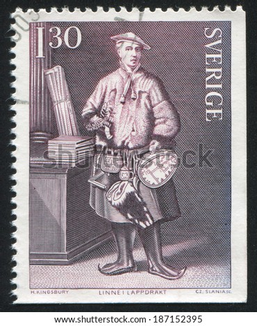 SWEDEN - CIRCA 1978: stamp printed by Sweden, shows Linne with Lapp drum, wearing Lapp clothes and Dutch doctor\'s hat, circa 1978