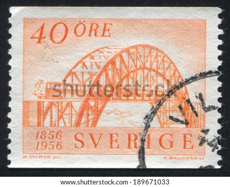 SWEDEN - CIRCA 1956: stamp printed by Sweden, shows First Swedish locomotive and passenger car, circa 1956