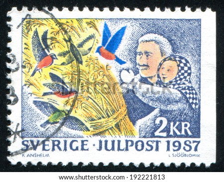 SWEDEN - CIRCA 1987: stamp printed by Sweden, shows Hanging out sheaves of wheat to foretell a good harvest, circa 1987