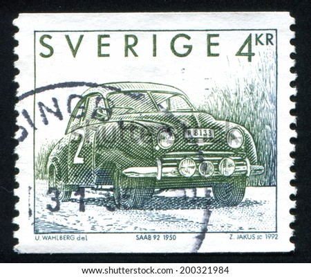 SWEDEN - CIRCA 1992: stamp printed by Sweden, shows Saab 92, circa 1992