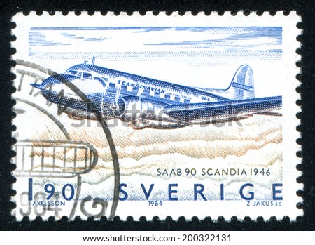 SWEDEN - CIRCA 1984: stamp printed by Sweden, shows Airplane SAAB-90 Scandia, circa 1984