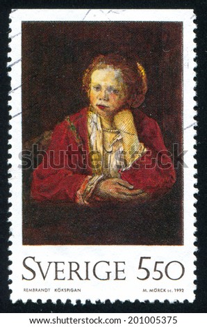 SWEDEN - CIRCA 1992: stamp printed by Sweden, shows Kitchen Maid, by Rembrandt, circa 1992