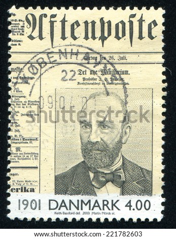 DENMARK - CIRCA 2000: stamp printed by Denmark, shows Prof. J.H. Deuntzer on front page of newspaper, circa 2000