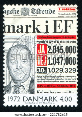 DENMARK - CIRCA 2000: stamp printed by Denmark, shows Entry of Denmark into European Community on front page of newspaper, circa 2000