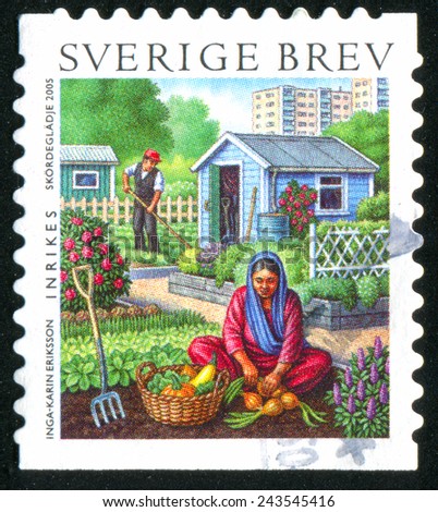 SWEDEN - CIRCA 2005: stamp printed by Sweden, shows Man tending garden, woman with basket of vegetables, circa 2005