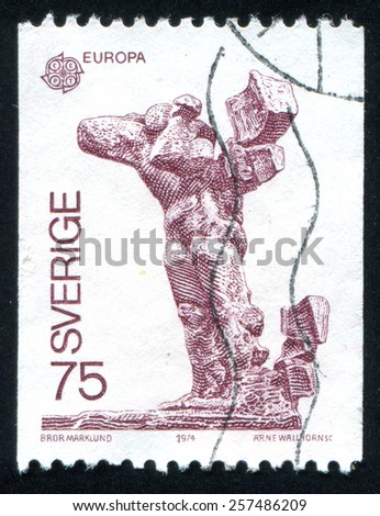SWEDEN - CIRCA 1974: stamp printed by Sweden, shows Man in storm by Bror Marklund, circa 1974