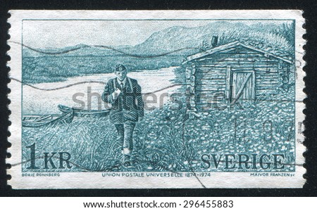 SWEDEN - CIRCA 1974: stamp printed by Sweden, shows Mailman, Northernmost Rural Delivery Route, circa 1974