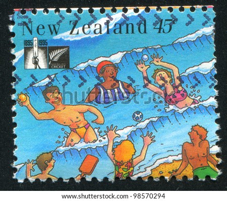 NEW ZEALAND - CIRCA 1995: stamp printed by New Zealand, shows People Playing Ball on the Beach, circa 1995