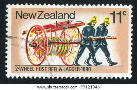 NEW ZEALAND - CIRCA 1977: stamp printed by New Zealand, shows Fire Fighting Equipment: 2-wheel hose reel and ladder, circa 1977