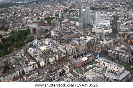 FRANKFURT AM MAIN, GERMANY, MAY The 3rd 2014: Aerial shot of  Frankfurt am Main, Germany. Frankfurt is the largest city in the German state of  Hesse  and the financial centre of Germany.