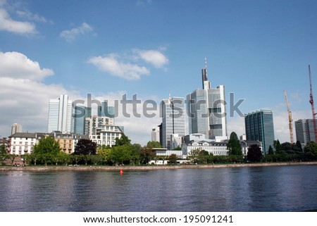 FRANKFURT AM MAIN, GERMANY, MAY The 4th 2014:  Banking district in  Frankfurt am Main taken from the river bank, Germany, Europe. Picture taken on May the 4th 2014.
