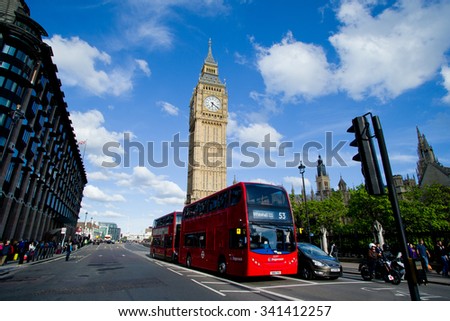 England London 2015 Year september 22 . Red bus on the london street,,london bridge,