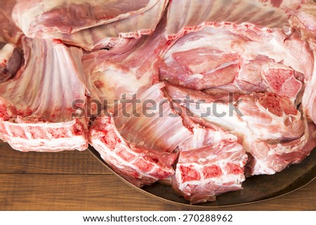 Raw lamb meat in a copper pot