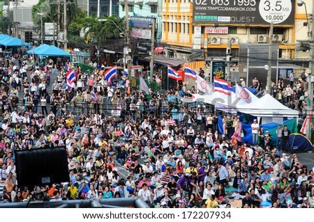Bangkok, Thailand - January 16: Unidentified people join anti - government protest in Shut down Bangkok campaign at Asoke Interjunction on January 16, 2014