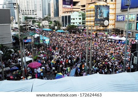 Bangkok, Thailand - January 16: Unidentified people join anti - government protest in Shut down Bangkok campaign at Asoke Interjunction on January 16, 2014