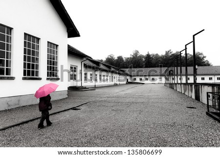 Marianne at Dachau, Germany on a rainy day.