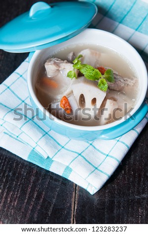 delicious meat and lotus root soup of China