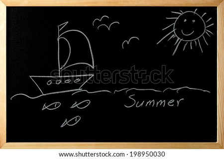 Summer. ship in the sea with fishes and birds under the sun on a blackboard