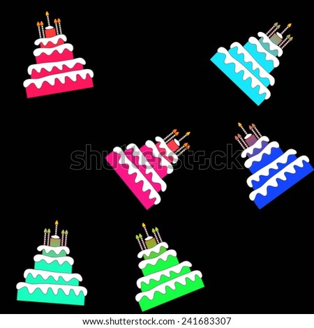 pattern of funny birthday cakes isolated on black background