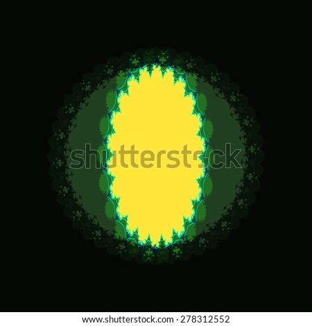 Green circle and yellow ellipse beaded with lace fractal decorative border, on black background.