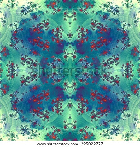 Abstract regular mirroring kaleidoscope red blue green floral fractal pattern - digitally rendered graphic