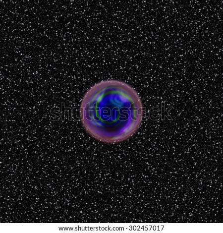 Abstract blue textured round shape with purple ring on black area with white gleaming points - planet disappearing in reverse continuum - digital render