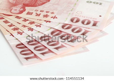 Six piece of one hundred dollar of  New Taiwan Dollar cash close up with white background