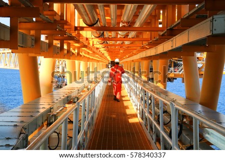 Gangway or walk way in oil and gas construction platform, oil and gas process platform, remote platform for production oil and gas, Construction in offshore.