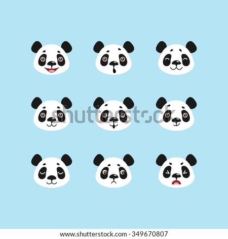 Set of panda icon expressions. Emoticons collection. Vector cartoon character. Happy, sad, excited, ashamed, angry, friendly, surprised. Vector illustration.