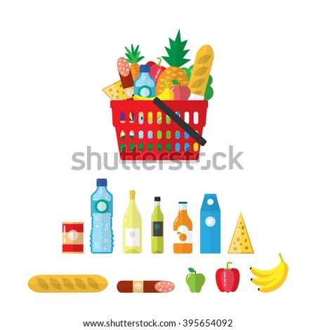 Plastic shopping basket full of grocery products. Shopping groceries. Food and drink. Vector flat style icons. Isolated on white. Pineapple, apple,broccoli, mineral water, wine, salami, baguette.