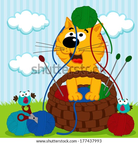 cat playing with ball of yarn - vector illustration