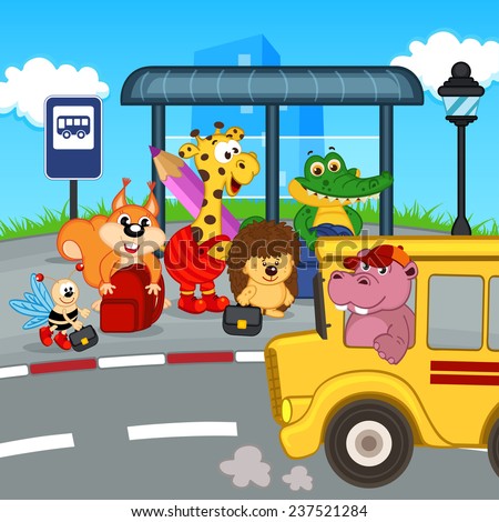 animals at bus stop waiting school bus vector illustration eps animals at bus stop waiting school bus vector illustration eps