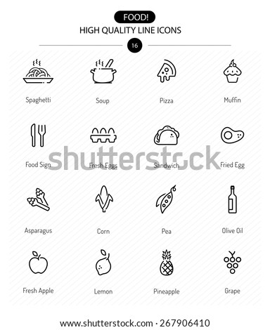 Food Icons Line Series two: line food icons including sweet, pizza, vegetables and fruits