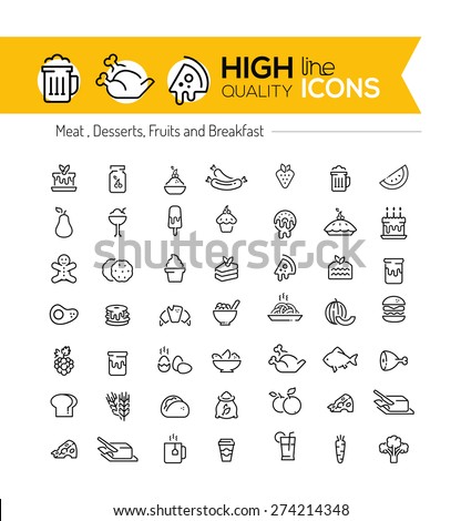 Food line icons including: meat, desserts, fruits and breakfast