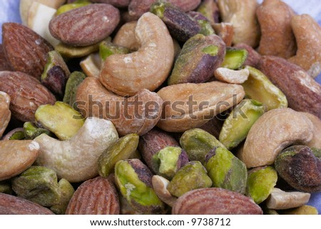 A favorite variety of mixed nuts: almonds, cashews and pistachios.