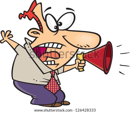 Vector illustration of excited man yelling into a megaphone
