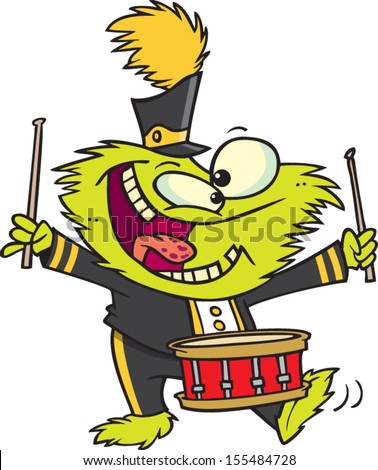 Furry cartoon alien playing drums in a marching band