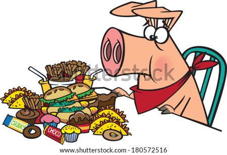 cartoon pig eating a pile of junk food - Stock Image - Everypixel