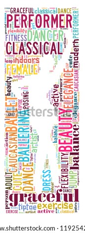 Ballet dancer info-colorful text graphic and arrangement concept on white background (word cloud)