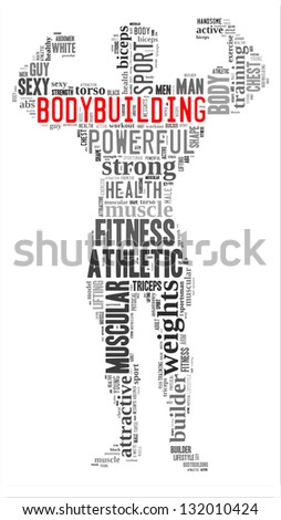 Body building info-text graphic and arrangement concept on white background (word cloud)