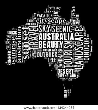 Australia map info-text and graphic arrangement concept on black background (word cloud)