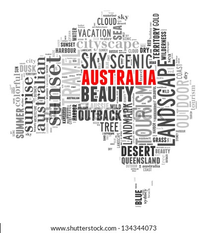 Australia map info-text and graphic arrangement concept on white background (word cloud)
