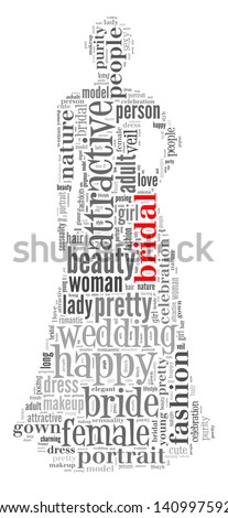 Bridal info-text graphic and arrangement concept on white background (word cloud)