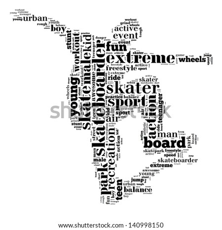 Skateboarder info-text graphic and arrangement concept on white background (word cloud)